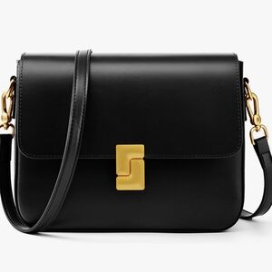 Elegant Black Leather Shoulder Bag with Gold Accents